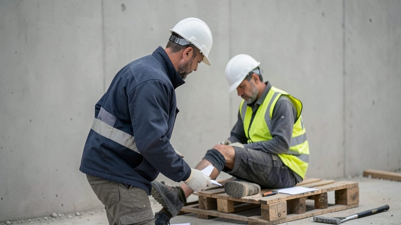 Un chef de chantier remplit un formulaire de déclaration à côté d'un ouvrier blessé assis sur une palette.