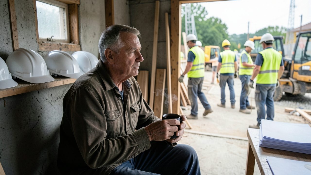 Un chef d'entreprise du bâtiment, assis dans une cabane de chantier en bois, réfléchit devant une table, une tasse de café à la main et des casques de chantier posés sur une étagère.