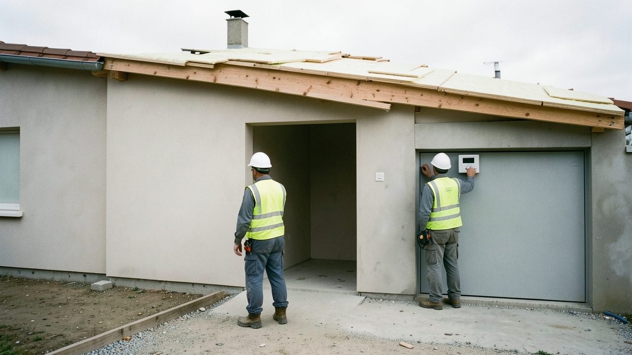 Vue large d'une maison en rénovation : un ouvrier en tenue de chantier pose des panneaux isolants sur la toiture, un autre fixe un boîtier de recharge pour voiture électrique contre le mur du garage.