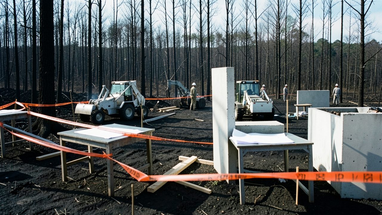 Un chantier à l'arrêt en lisière d'une forêt brûlée, engins stationnés et zone balisée.
