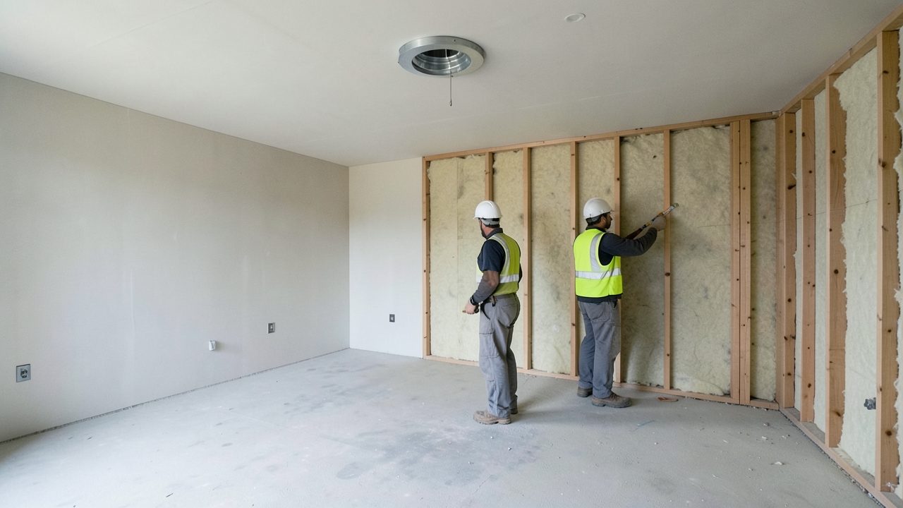Vue d'ensemble d'une maison neuve en cours de finition : une personne en tenue de chantier inspecte une bouche de ventilation au plafond, une autre, plus loin, mesure l'épaisseur d'un isolant posé entre des montants en bois.