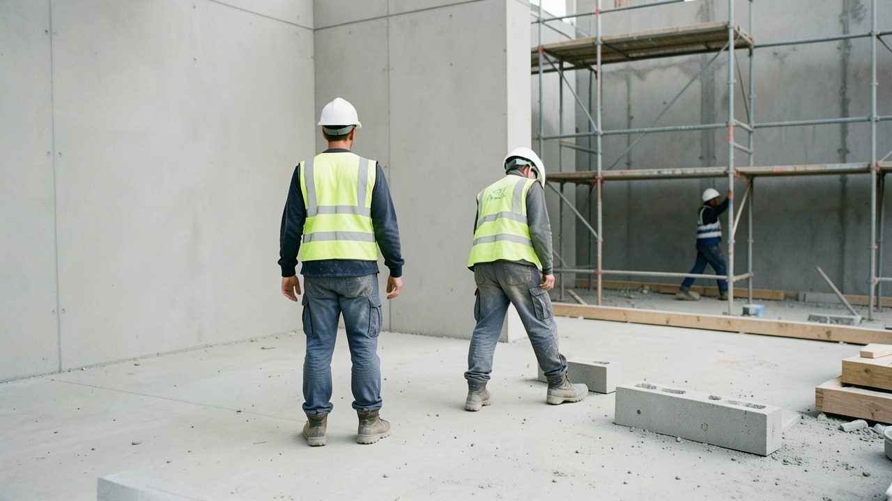 Vue large d'un chantier de gros œuvre où un maçon en tenue de chantier pose des blocs pendant qu'un second ouvrier, plus loin, marche le long d'un échafaudage.