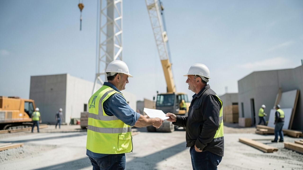 Un conducteur de grue mobile présente un document à son chef de chantier, au pied de l'engin.