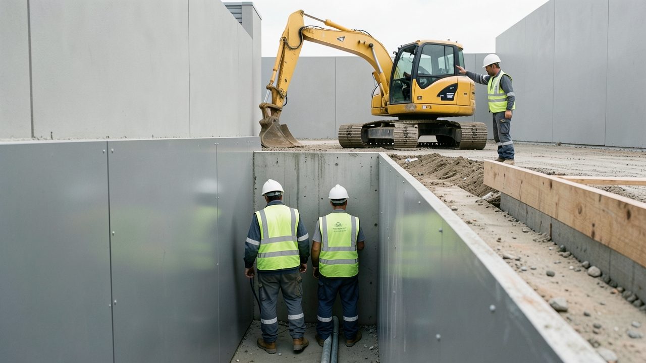 Vue d'ensemble d'une tranchée étroite aux parois blindées de panneaux métalliques gris : deux ouvriers en tenue de chantier, au fond, posent une conduite, et un troisième, en surface, guide de la main une pelle mécanique jaune.
