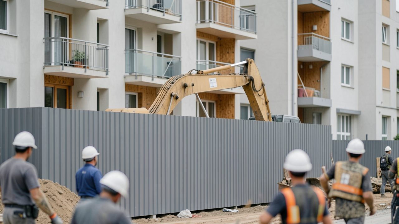 Une pelle mécanique travaille derrière un écran antibruit en tôle grise, au pied d'immeubles d'habitation aux balcons ouverts.