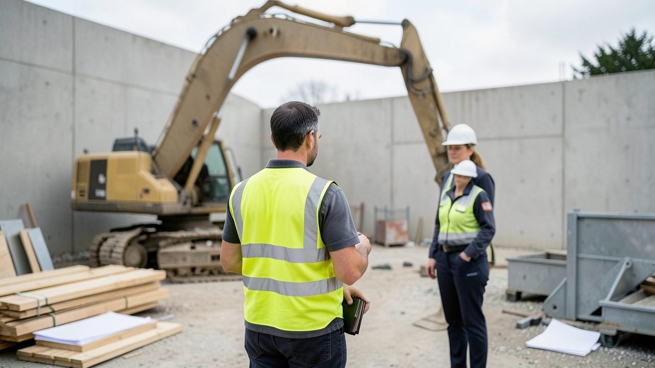 Sur un chantier de terrassement, devant une pelle mécanique, un ouvrier en gilet haute visibilité sort son portefeuille de sa poche face à une contrôleuse en casque blanc.