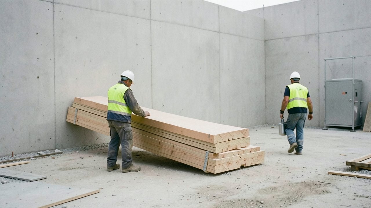Vue large d'un chantier de gros œuvre en fin de travaux, où un ouvrier en tenue de chantier replie une banche pendant qu'un autre marche vers la base vie.