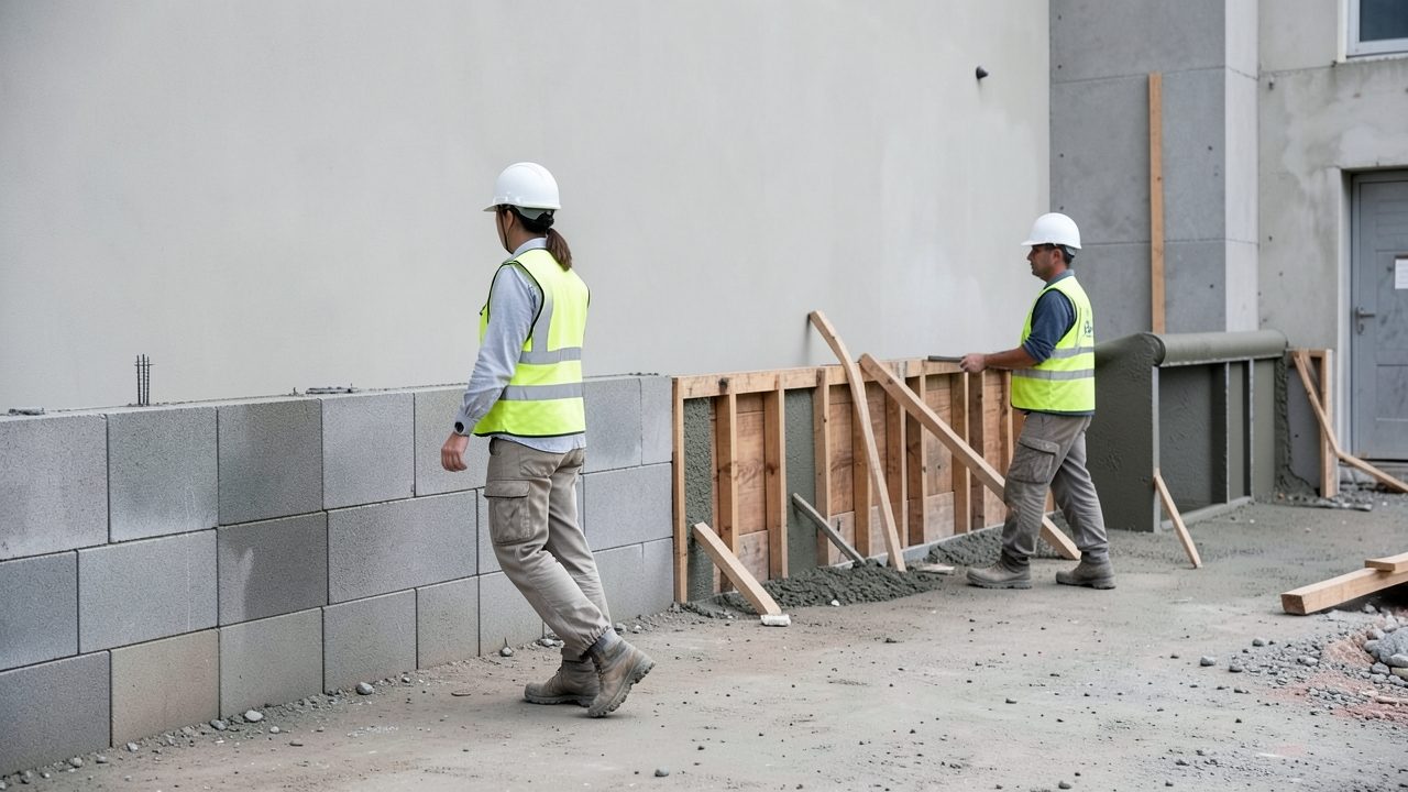 Vue large d'un chantier de maçonnerie : une conductrice de travaux en gilet et casque marche le long d'un mur en parpaings, pendant qu'au loin un ouvrier coule du béton dans un coffrage.