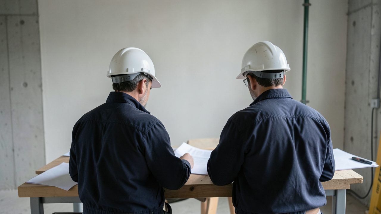 Un couple de chefs d'entreprise du bâtiment étudie des documents administratifs dans un bureau de chantier.