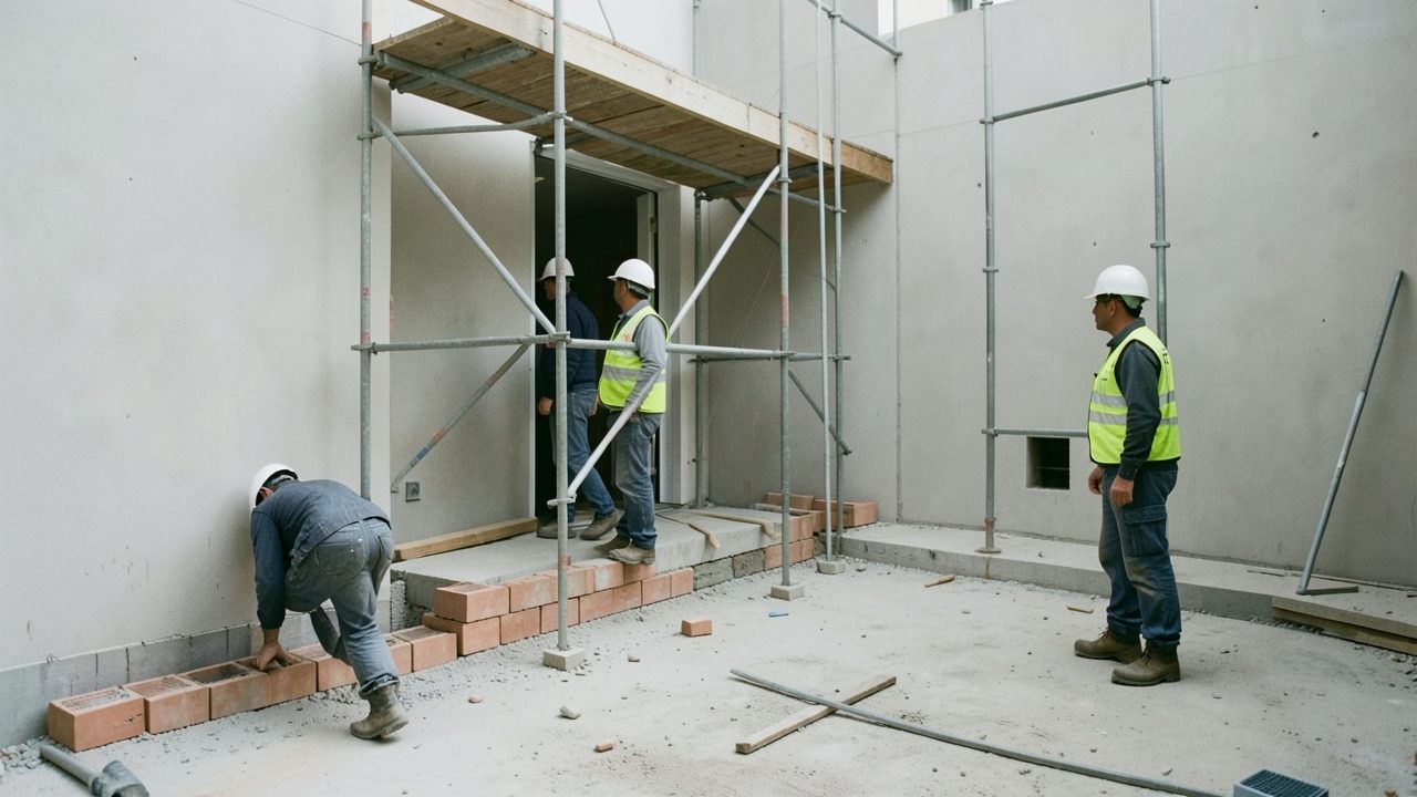 Vue large d'un chantier de bâtiment : un maçon pose des parpaings au pied d'un mur, un chef de chantier marche le long de l'échafaudage et un cadre en casque blanc observe la façade depuis la cour.