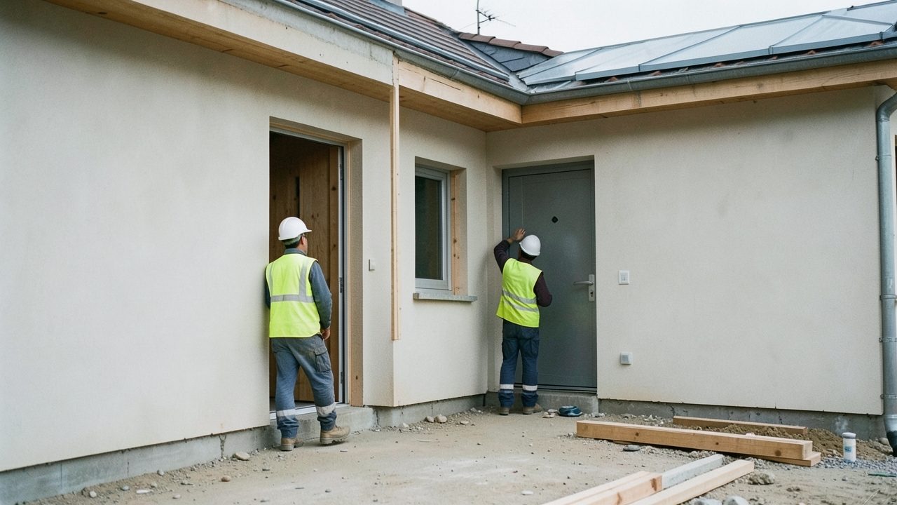 Vue large d'une maison neuve qui vient d'être achevée, avec deux personnes en tenue de chantier : l'une marche le long de la façade, l'autre se tient debout devant la porte d'entrée et regarde la toiture.