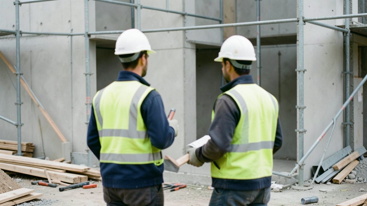 Un conducteur de travaux et un artisan échangent à un pas l'un de l'autre devant une structure de gros œuvre en béton armé, entourée d'étais métalliques.