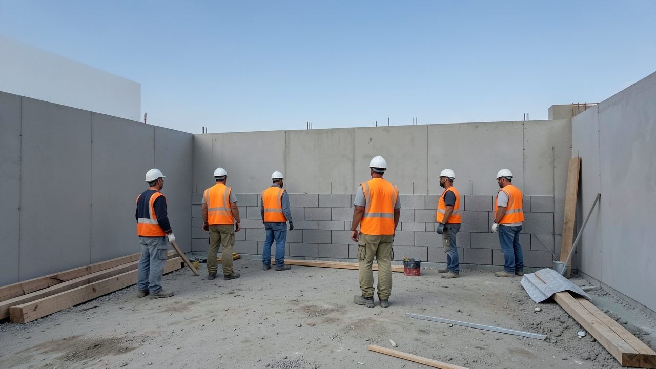 Vue large d'un chantier de gros œuvre où un chef de chantier en casque et gilet orange observe, debout, une équipe de maçons qui monte un mur de parpaings sous un ciel clair.