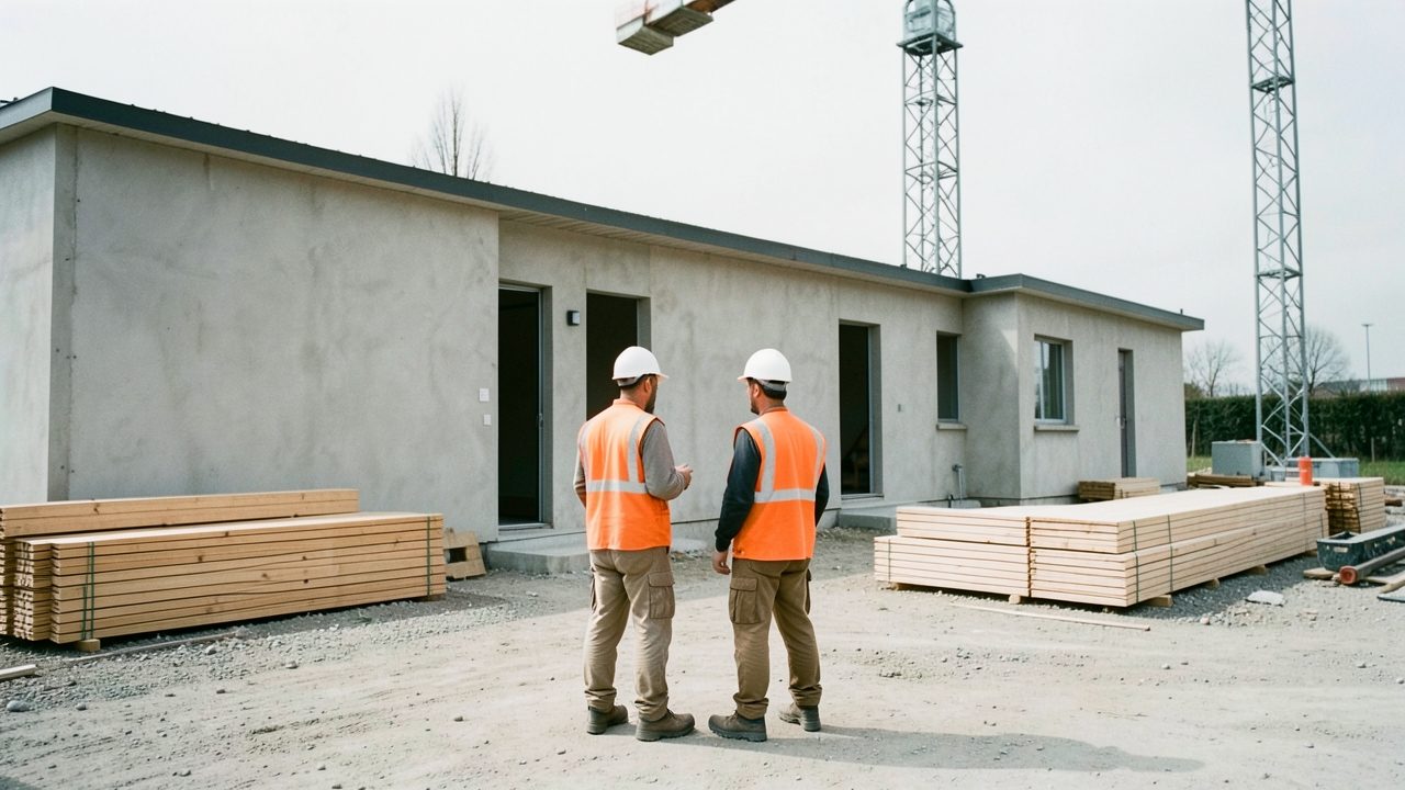 Vue large d'une base vie de chantier : deux conducteurs de travaux en gilet orange discutent debout devant un bungalow, une grue à tour et des banches empilées en arrière-plan.