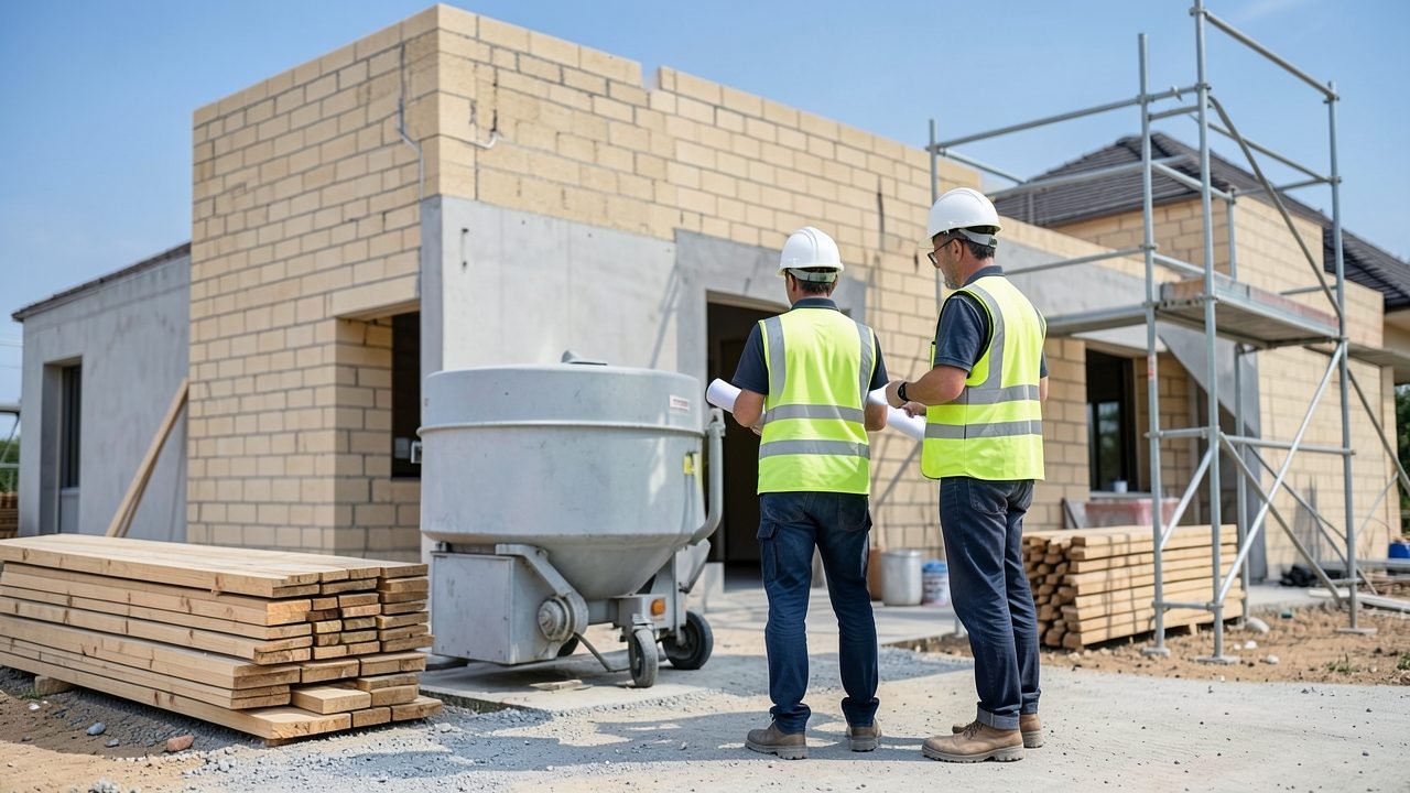 Un chef de chantier et une comptable discutent à côté d'une bétonnière, devant une maison individuelle en parpaings en cours de construction.
