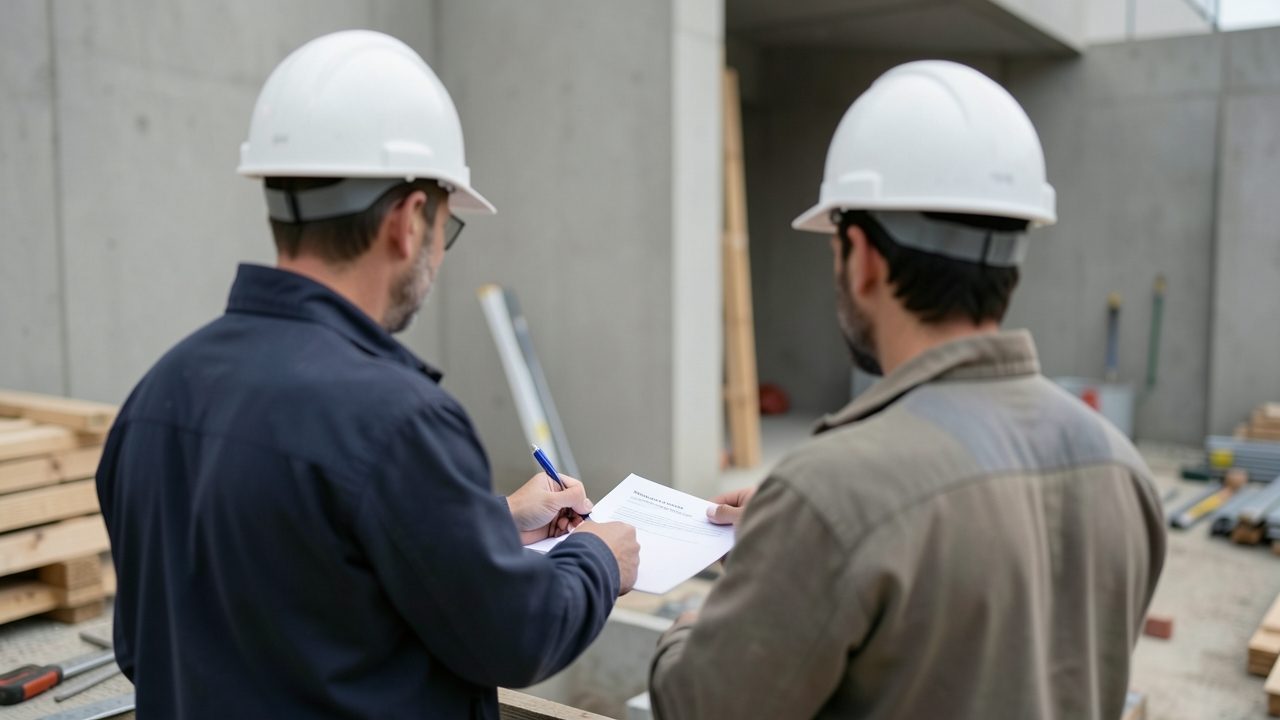 Un conducteur de travaux et le maître d'ouvrage signent un procès-verbal de réception devant un bâtiment achevé.