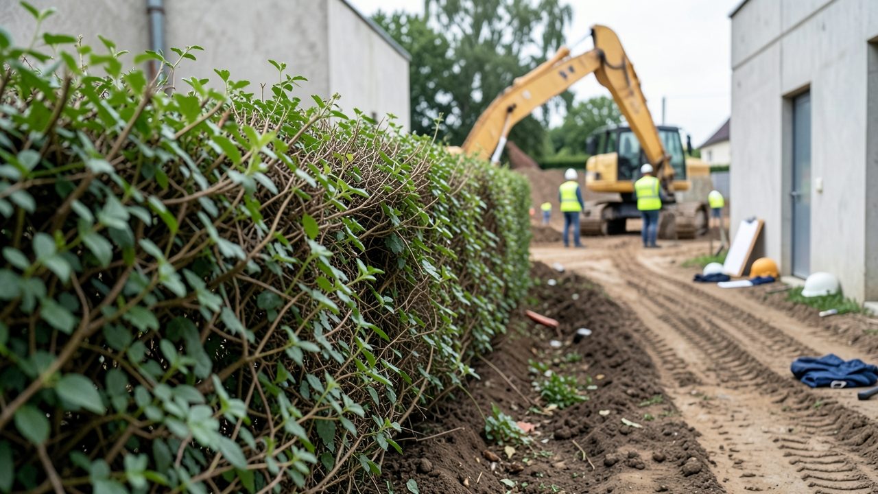 Une haie bocagère en bordure d'une parcelle, avant le passage d'une pelle mécanique sur un chantier de terrassement.
