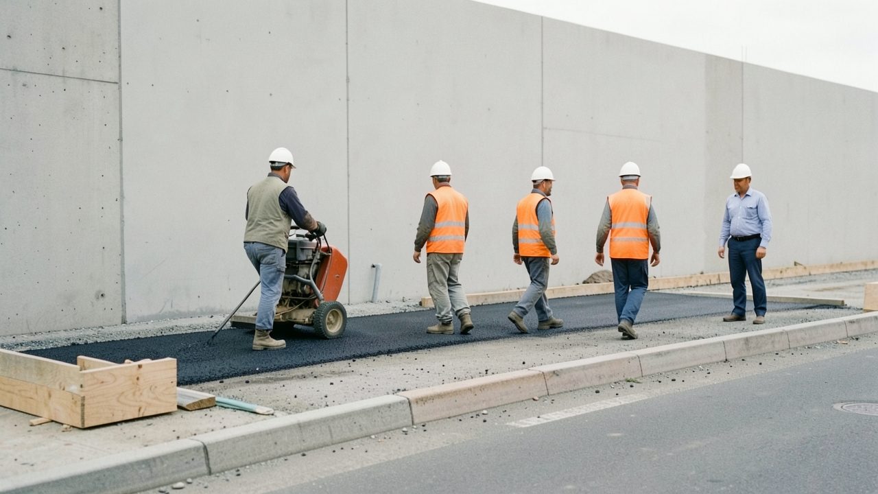 Sur un chantier de voirie vu de loin, un finisseur étale l'enrobé pendant que deux compagnons en gilet orange marchent à côté et qu'un conducteur de travaux en casque blanc observe depuis le bas-côté.