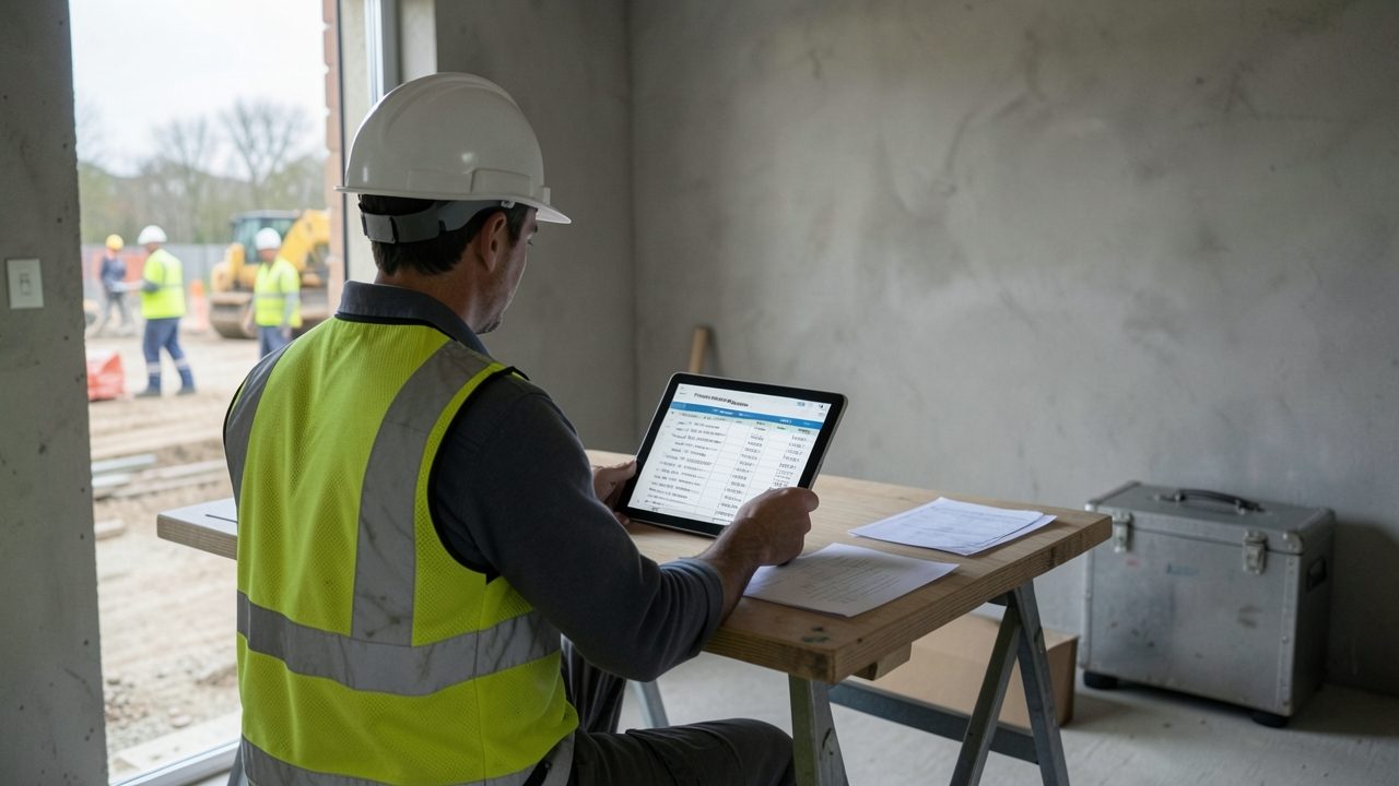 Un conducteur de travaux consulte un tableau de révision de prix sur une tablette, dans un bungalow de chantier.
