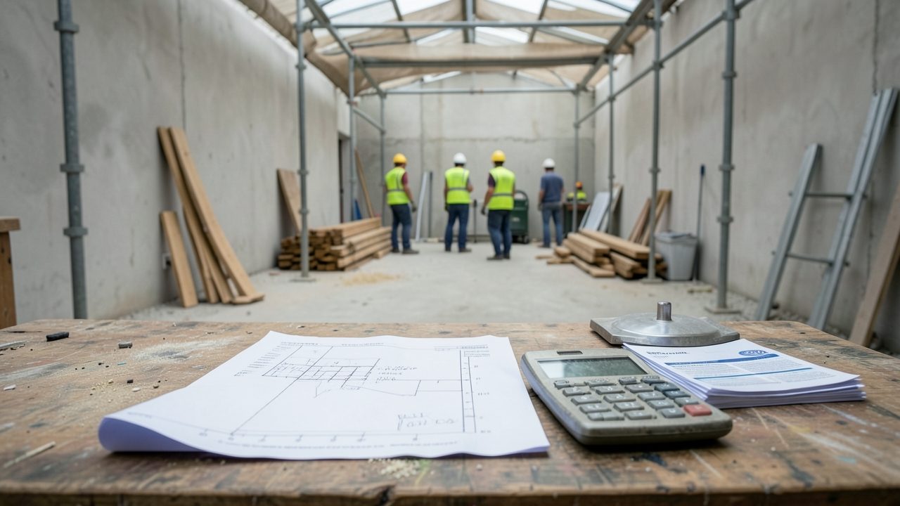 Un bail commercial posé sur un bureau de chantier, à côté d'une calculatrice et d'un relevé d'indices trimestriels.