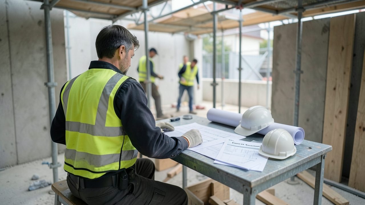 Un conducteur de travaux consulte une liste de salariés posée sur un bureau de chantier, à côté d'un contrat de sous-traitance.