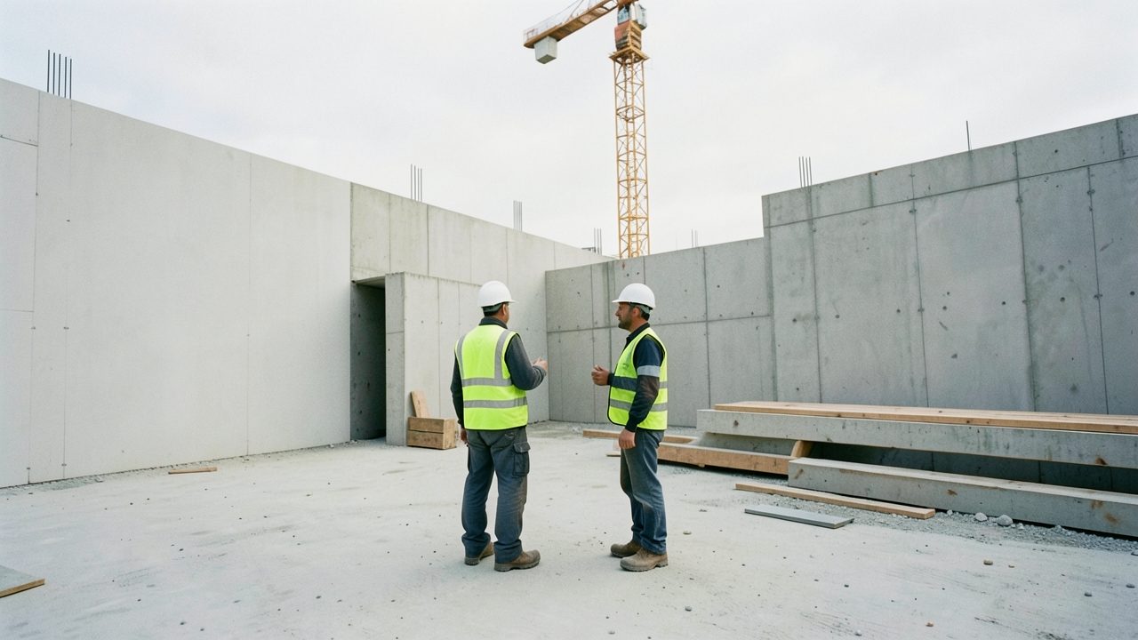 Vue large d'un chantier de bâtiment public en cours de gros œuvre : deux personnes en casque et gilet de chantier discutent debout près d'une banche en béton, une grue à tour en arrière-plan.