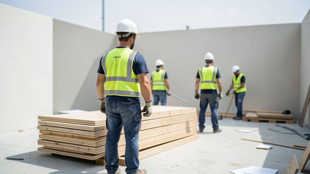 Un chef de chantier inspecte une pile de panneaux de bois brut livrés sur un chantier de bâtiment public, sous un ciel clair.