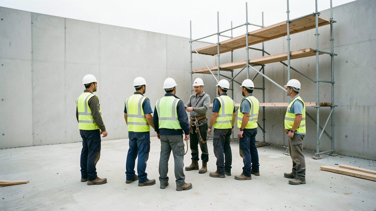 Vue large d'un chantier de gros œuvre où un formateur en tenue de chantier montre un harnais à un petit groupe d'ouvriers casqués, debout en demi-cercle près d'un échafaudage.