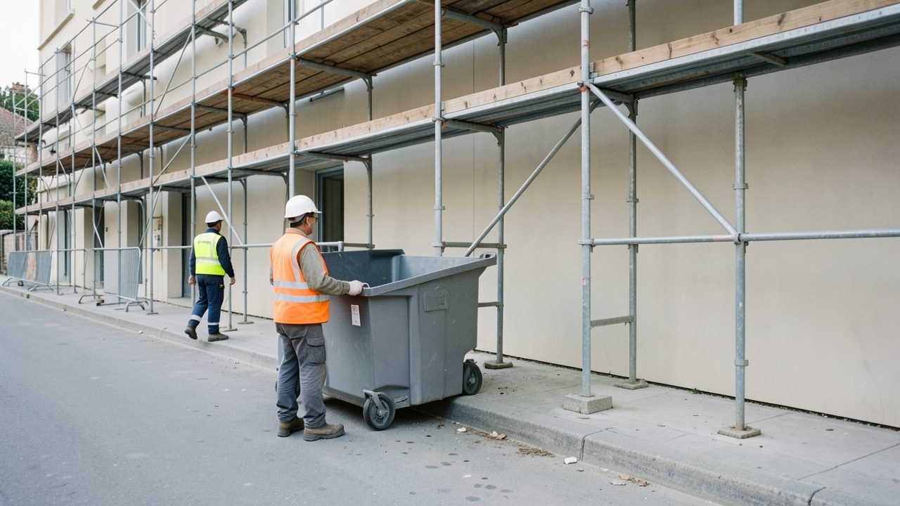 Vue large d'une rue en ville : un ouvrier en gilet orange guide la dépose d'une benne à gravats sur un trottoir, au pied d'un échafaudage de façade, tandis qu'un piéton passe sur un cheminement protégé.