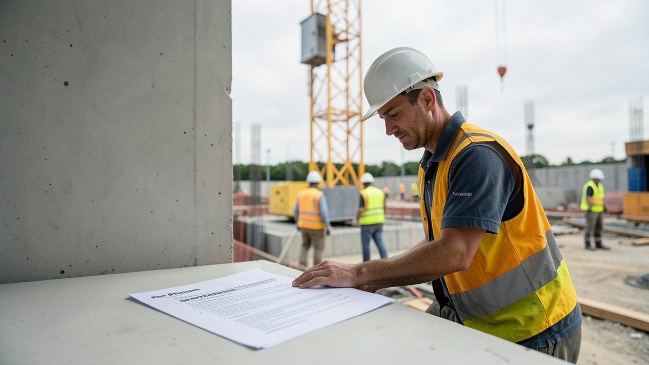 Un chef de chantier relit un plan de prévention imprimé au pied d'une grue à tour, sur un chantier de gros œuvre.