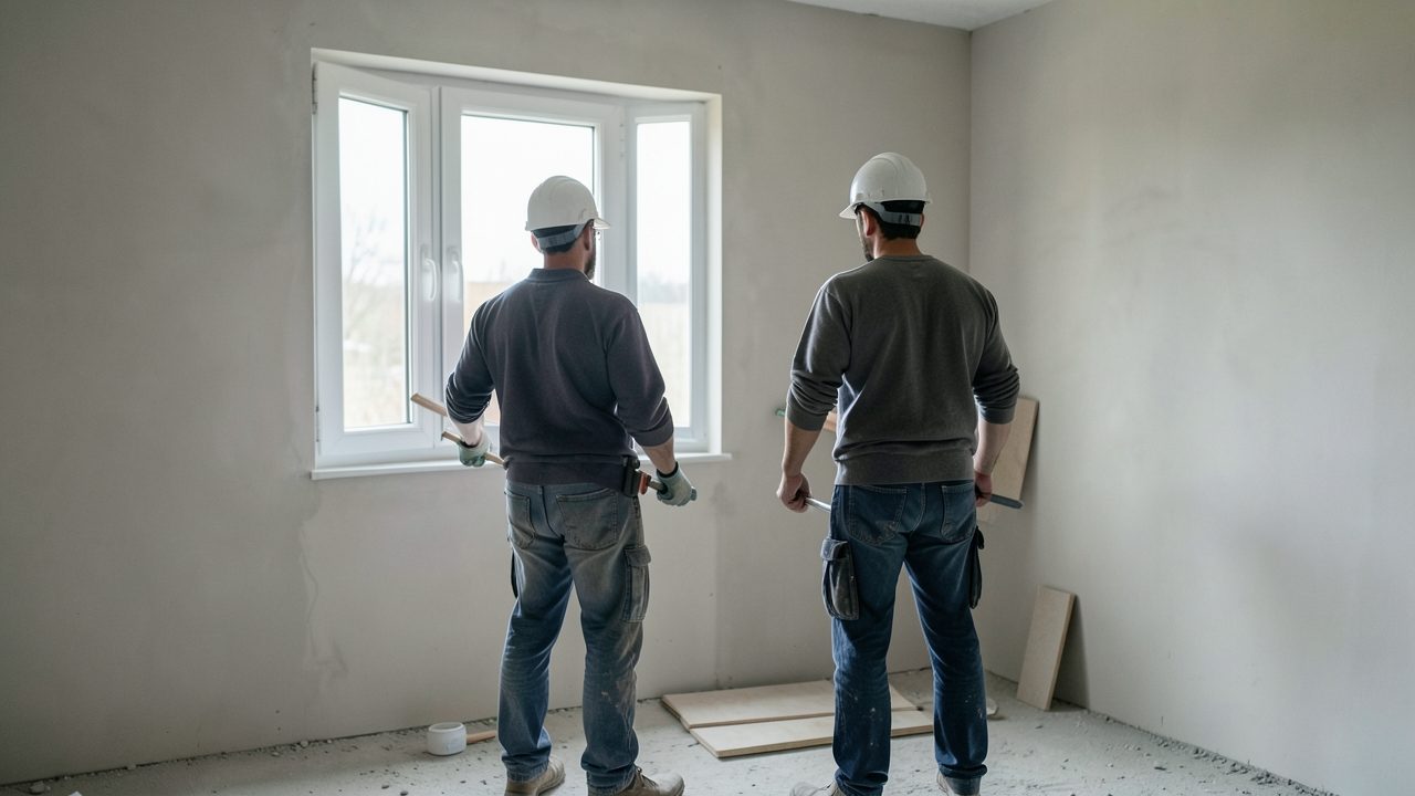 Un conducteur de travaux et un client inspectent ensemble une fenêtre neuve et un mur fraîchement enduit dans une maison en fin de chantier.