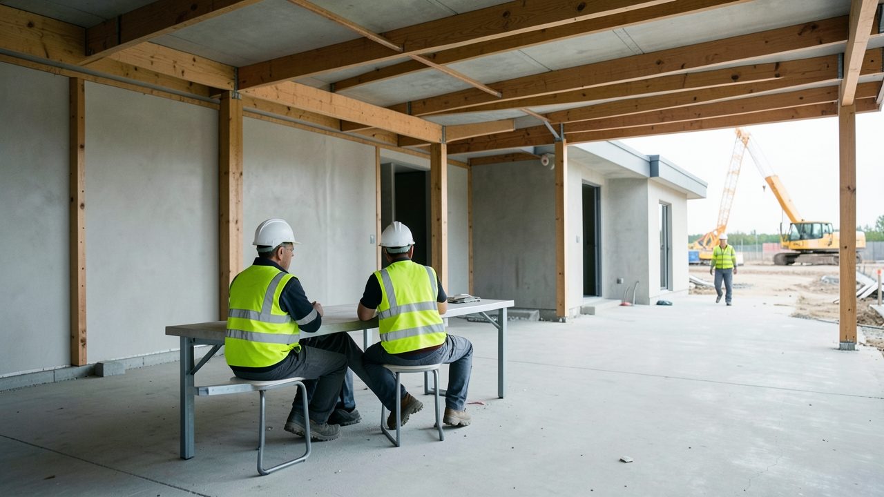 Vue large d'une base vie sur un chantier de gros œuvre : trois ouvriers en tenue de chantier sont assis à une longue table dans un bungalow de chantier ouvert, et un quatrième marche vers eux depuis la grue au loin.