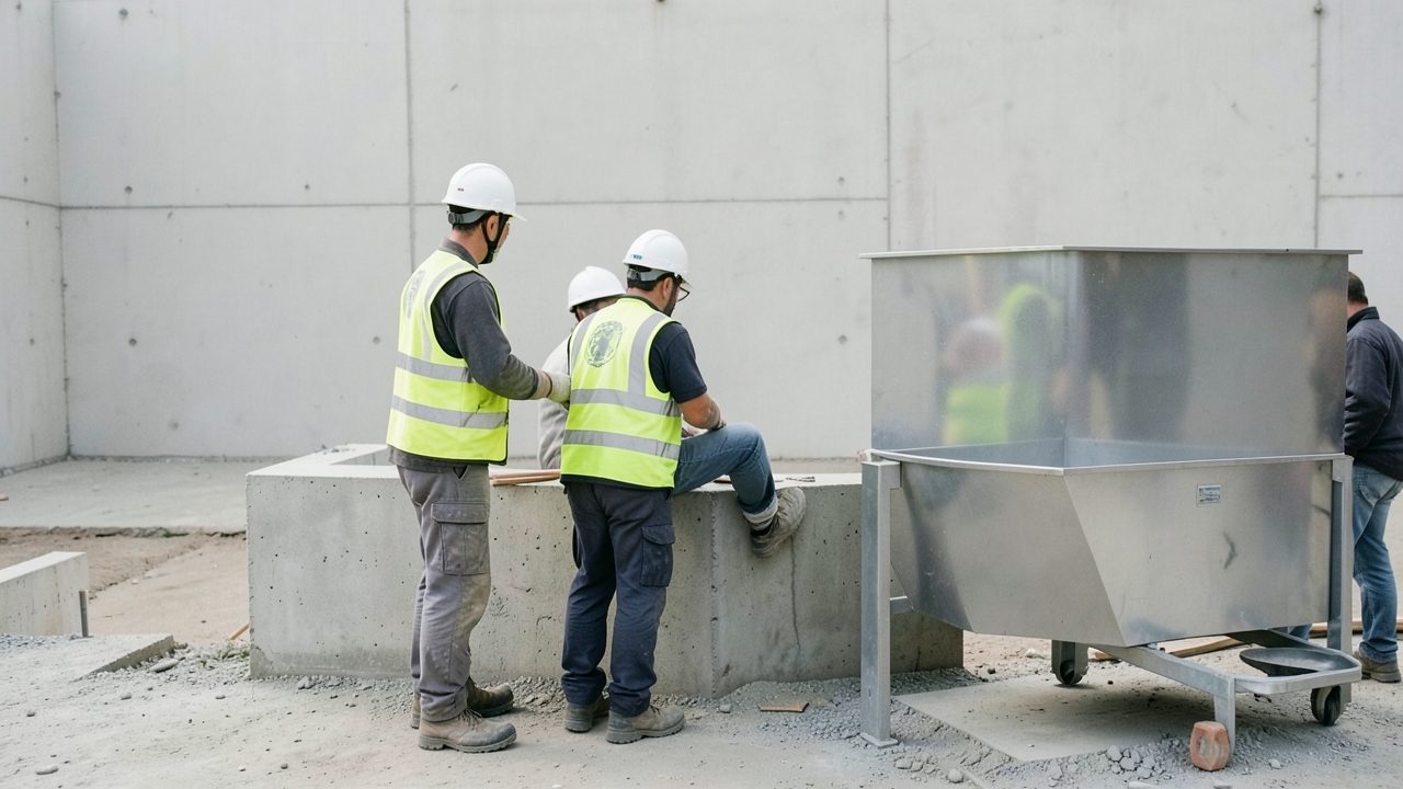 Vue large d'un chantier de gros œuvre où un sauveteur secouriste en tenue de chantier applique un pansement sur l'avant-bras d'un ouvrier assis sur un muret, près d'une bétonnière.