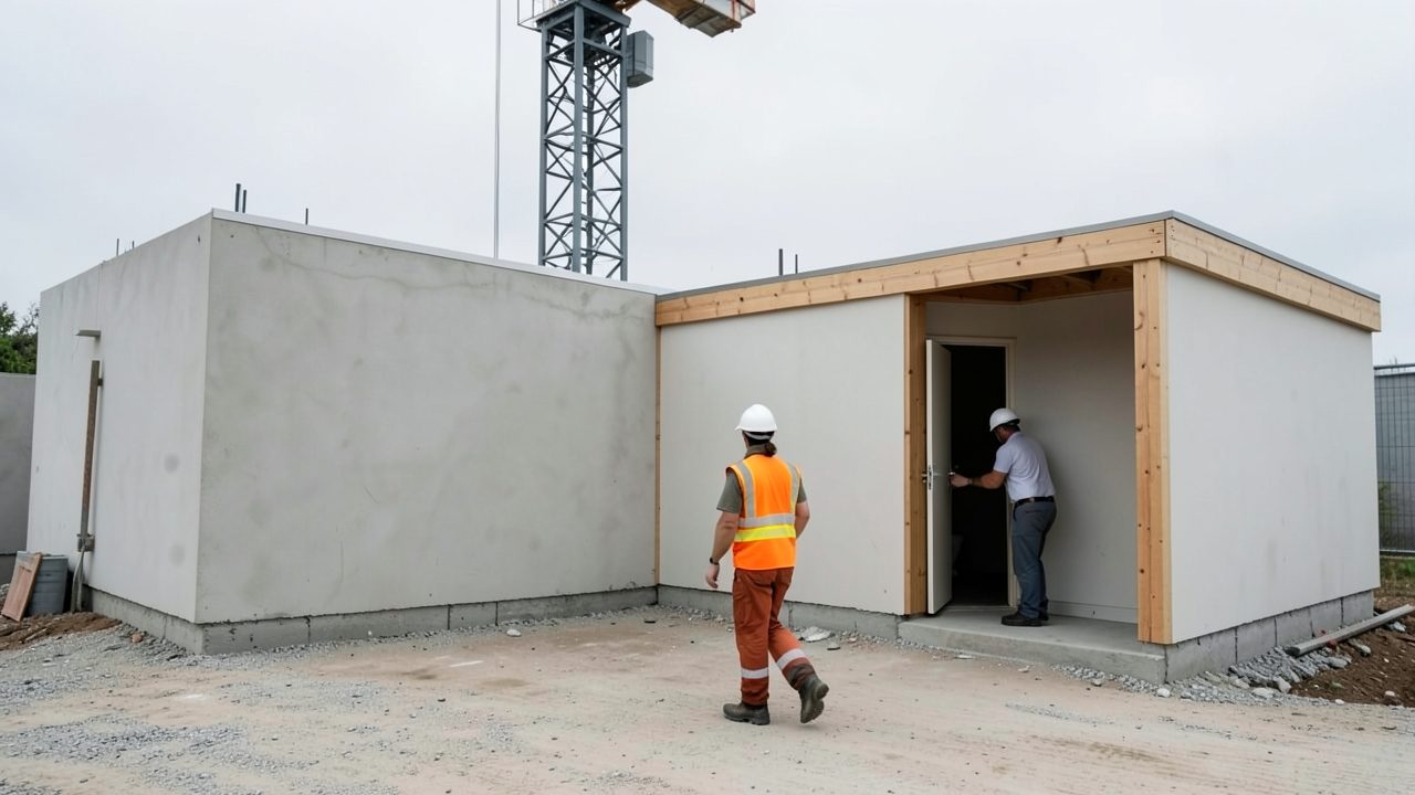 Vue large d'une base vie de chantier : une conductrice de travaux en gilet orange marche vers un bungalow, un collègue en casque blanc referme une porte, une grue à tour se dresse au fond.