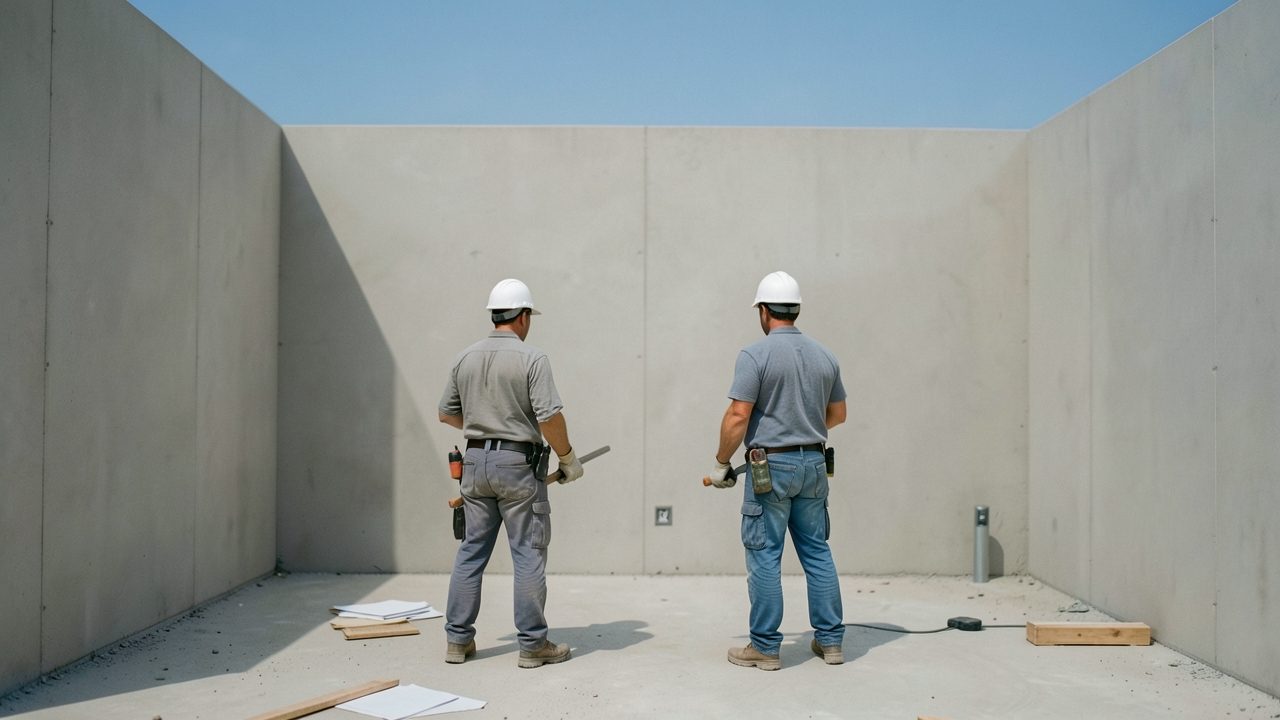 Un conducteur de travaux et un maître d'ouvrage inspectent les finitions d'un bâtiment neuf avant la réception, sous un ciel clair.