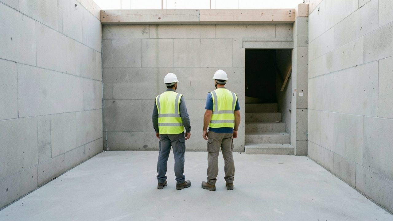 Vue de loin, deux compagnons en tenue de chantier marchent sur la dalle béton d'un étage en construction, entre des murs de parpaing et une trémie d'escalier ouverte.