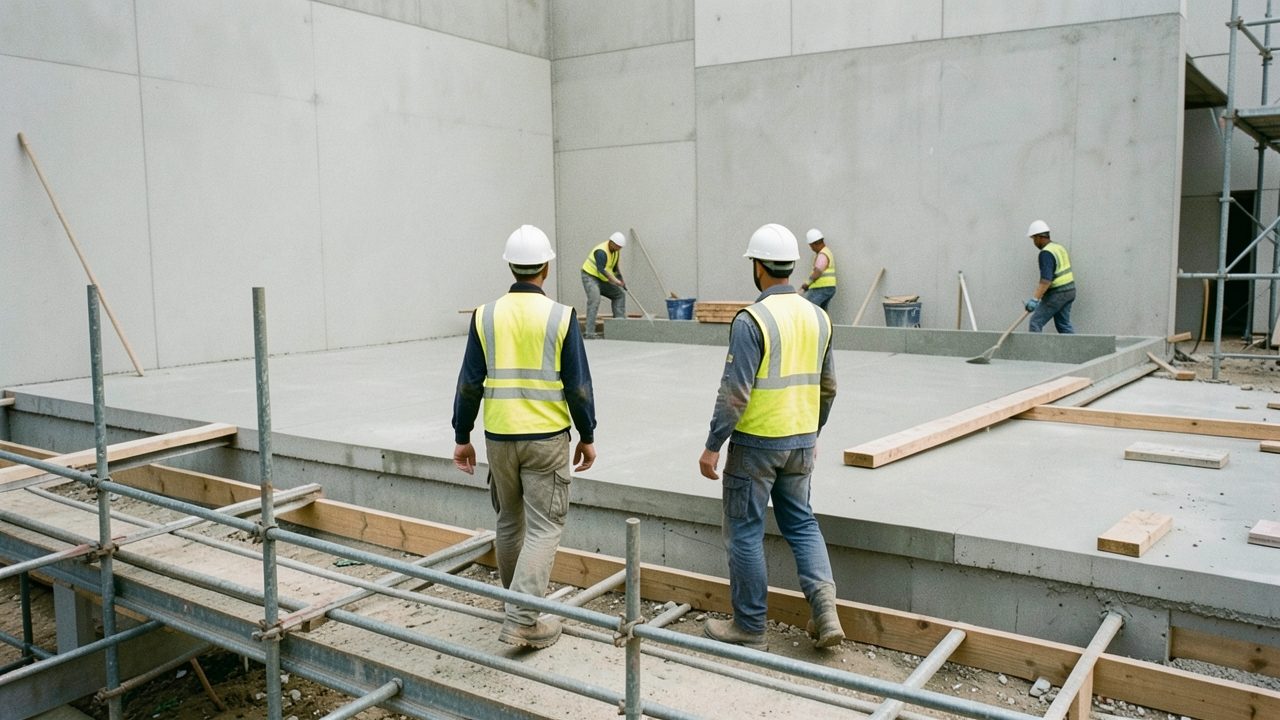 Vue large d'un chantier de gros œuvre où deux personnes en gilet haute visibilité et casque marchent le long d'un échafaudage, pendant qu'une équipe d'ouvriers coule une dalle de béton au second plan.