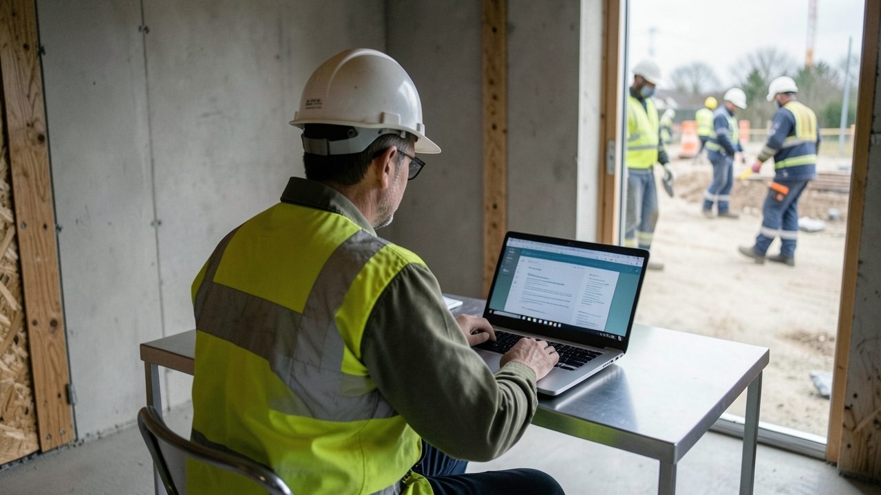 Un conducteur de travaux vérifie sur un ordinateur portable, dans un bungalow de chantier, le titre de séjour d'un nouvel ouvrier.