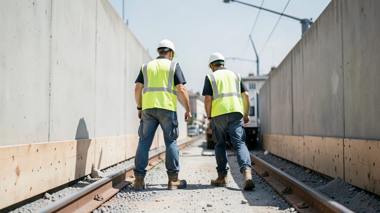 Deux ouvriers en tenue de chantier inspectent une voie réservée en cours d'aménagement au cœur d'une agglomération, sous un ciel clair.